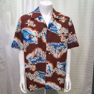 HILO HATTIE VTG Hawaiian Aloha Shirt Surfer Sailboat Flowers Aqua Brown Size XL